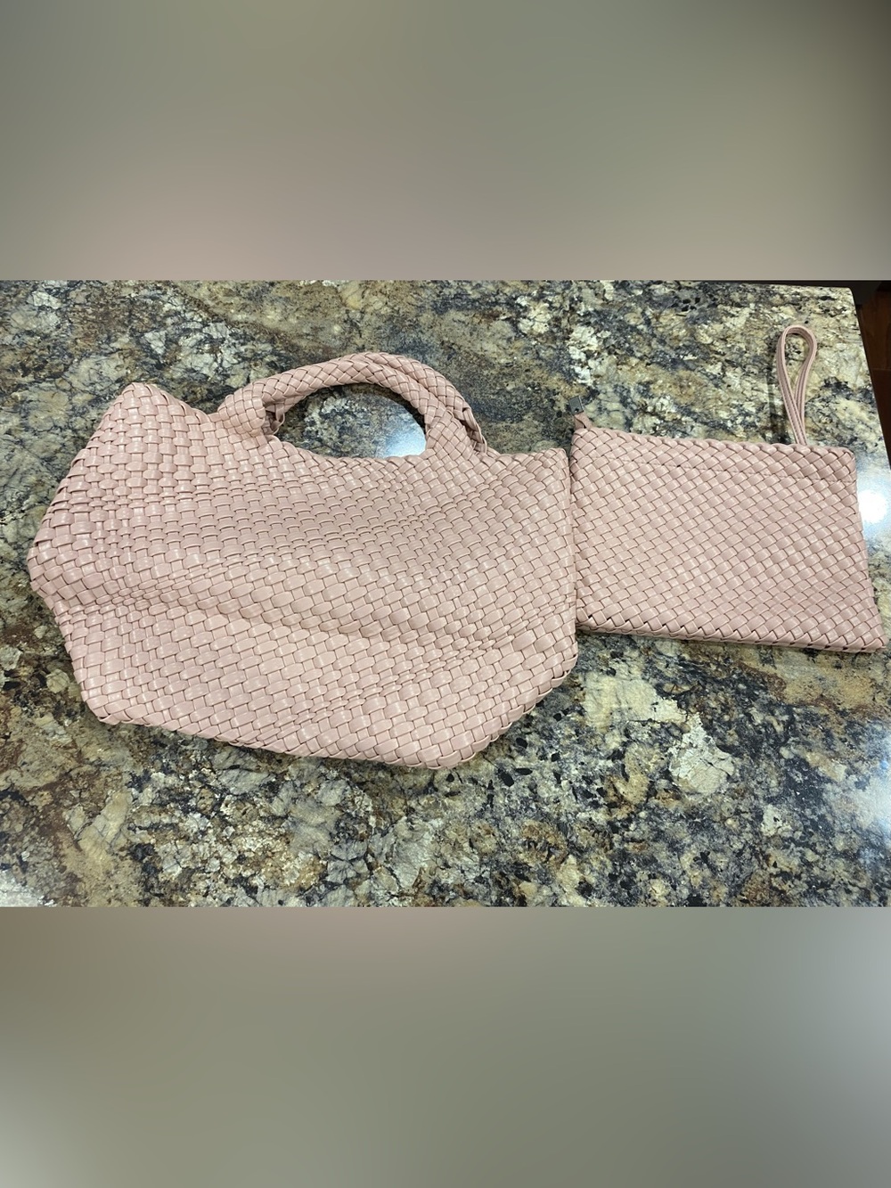 Vegan Leather Woven Tote Bag Purse and wristlet Light Pink EUC unbranded